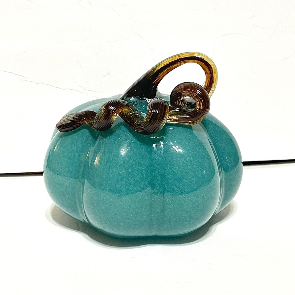 Dusty Blue Blown Glass Pumpkin With Brown Curly Stem 6"